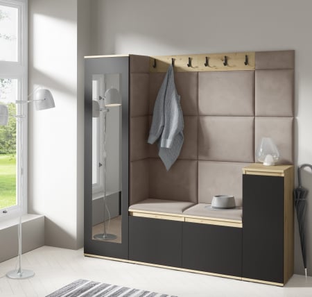 Set mobilier hol-panouri tapitate,175 cm lungime ,agatatori incluse, pantofar si dulap cu oglinda, stofa maro deschis/stejar artisan -negru, Bortis Impex [2]