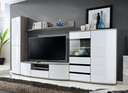 Set mobilier Living - Set mobilier living, modern , 300 cm lungime, cu deschidere push open/prin apasare, usi mdf alb lucios/ stejar san remo/negru, vitrina cu led, Bortis Impex
