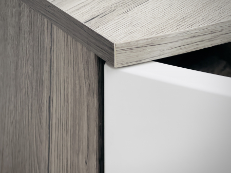 Set mobilier living, modern , 300 cm lungime, cu deschidere push open/prin apasare, usi mdf alb lucios/ stejar san remo/negru, vitrina cu led, Bortis Impex [10]