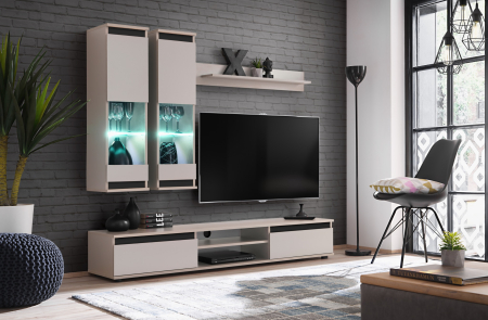 Living - Set mobilier Living sufragerie /camera de zi, pal casmir/ insertii negru, 175 cm lungime, usi deschidere fara manere, vitrina iluminata led,  Bortis