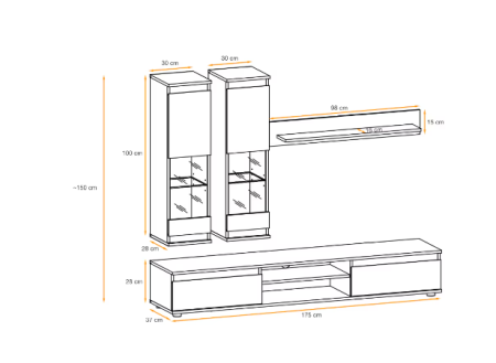 Set mobilier Living sufragerie /camera de zi, pal casmir/ insertii negru, 175 cm lungime, usi deschidere fara manere, vitrina iluminata led,  Bortis [1]