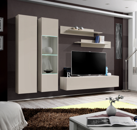 Toate Produsele - Set mobilier living suspendata, deschideri usi push open, pal casmir, cu vitrina suspendata lumina Led, comoda TV si rafturi, 240 cm- lungime variabila, fixare perete suspendata