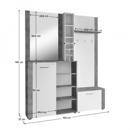 Cuier hol set complet , cu pantofar , oglinda, alb/beton , 150 cm lungime x 190 cm inaltime x 32 cm adancime - [1]