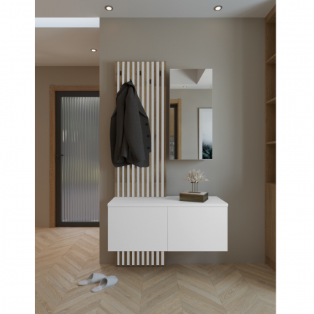 Set cuier de hol cu riflaj , 100 cm lungime x 37 cm adancime , alb/artisan,stil modern cu oglinda, riflaje [3]