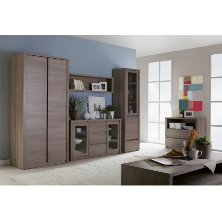 Vitrină cu un sertar şi uşi împărţite pline şi cu sticlă, stejar lefkas închis, MONTANA W1D [2]