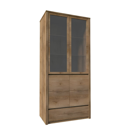 Bucatarie - Vitrină cu un sertar şi uşi împărţite pline şi cu sticlă, stejar lefkas închis, MONTANA W2D