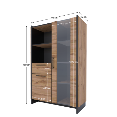 Vitrină joasă, stejar wotan/negru, AMONI 1D1W1S [5]