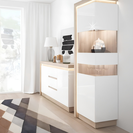 Vitrină LYOV03P, stejar riviera/alb cu luciu extra ridicat, LEONARDO [1]