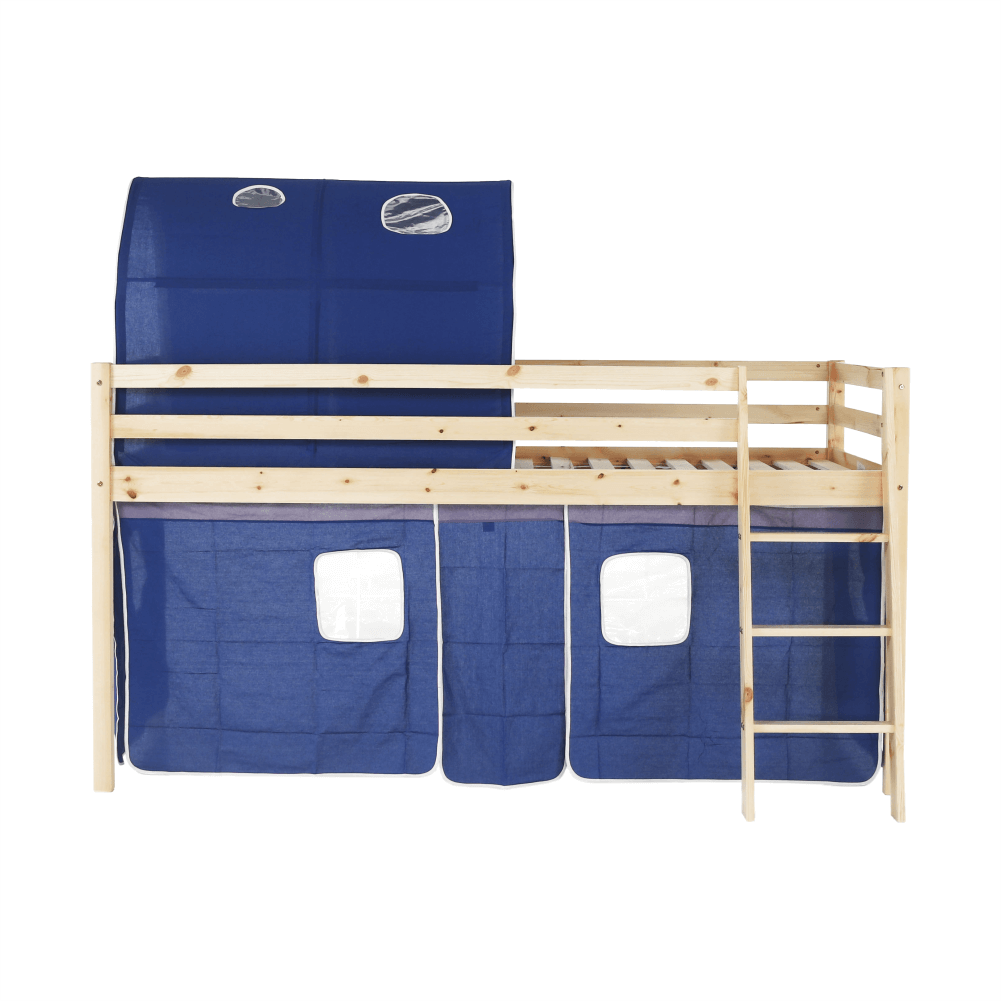 Brotherhood weather drawer Pat pentru copil, inaltat ,cu cort si tunel albastru,208x90x110 cm,lemn  pin,Bortis Impex