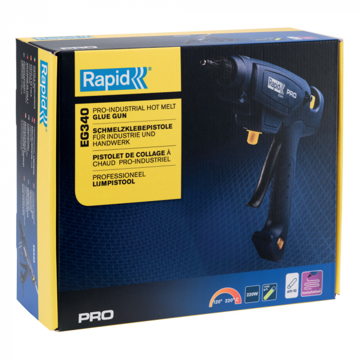 Rapid 5000327, Pistol industrial GlueGun PRO EG340, albastru, max 220W, debit 1400g/h, 120 - 220°C reglabila, functional cu batoane de 12 mm [8]