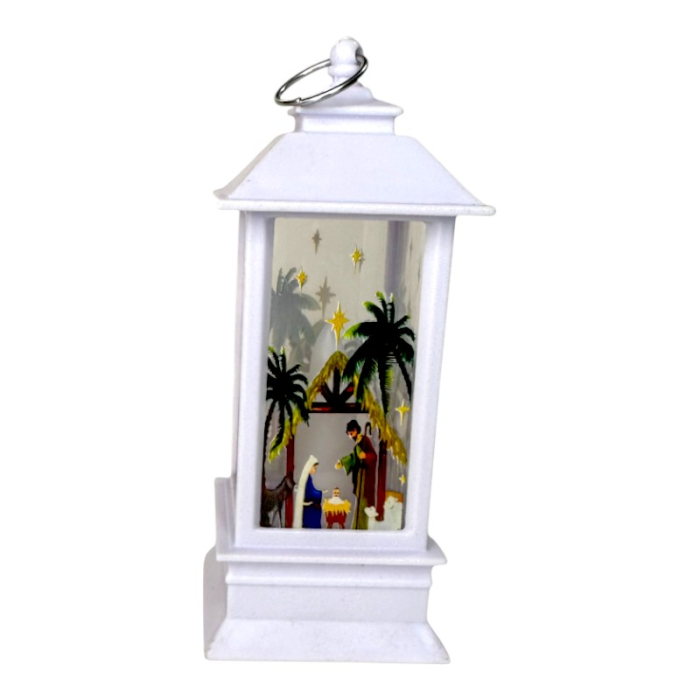 Ornament de Craciun, tip Felinar, cu LED, model pictat, Alb, 12 cm [2]