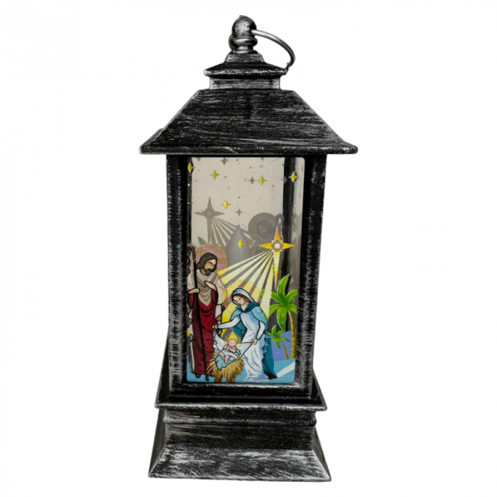 Ornament de Craciun, tip Felinar, cu LED, model pictat, Negru, 12cm [2]
