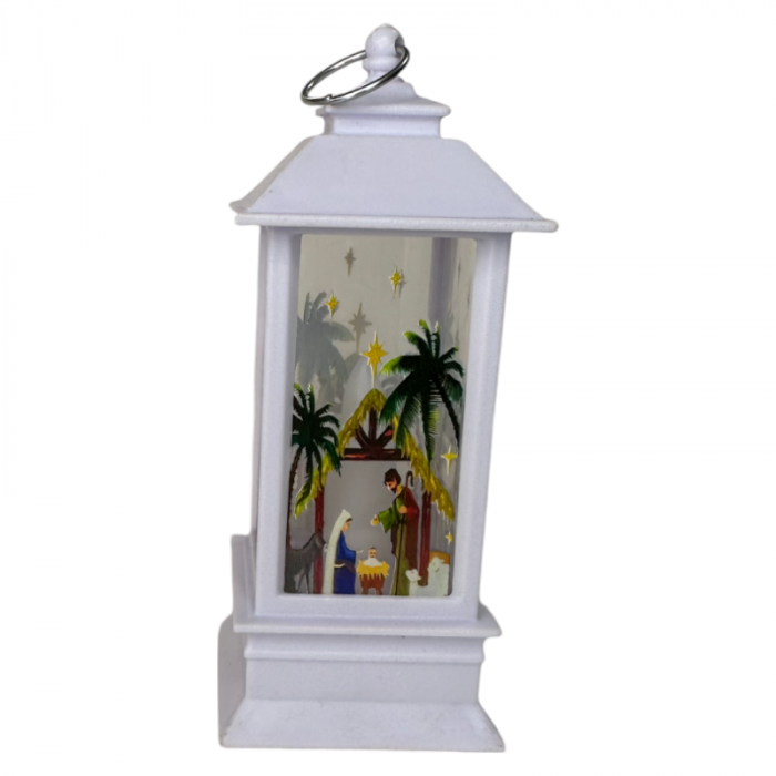 Ornament de Craciun, tip Felinar, cu LED, model pictat, Alb, 12 cm [2]