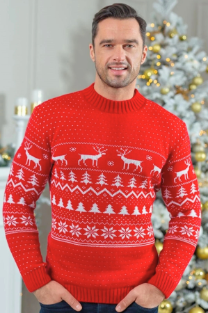 HAINE DE CRACIUN - Pulover Craciun Barbat - Rosu aprins cu Motive Traditionale