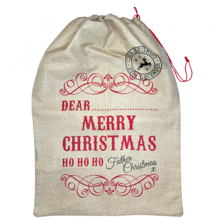 DECORATIUNI DE CRACIUN - Sac de iuta, 48 x 69 cm, cu imprimeu de Craciun, model Ho Ho Ho