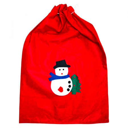 DECORATIUNI DE CRACIUN - Sac Rosu de Craciun, din fetru, 50 x 72 cm, cu snur, model Om de Zăpadă