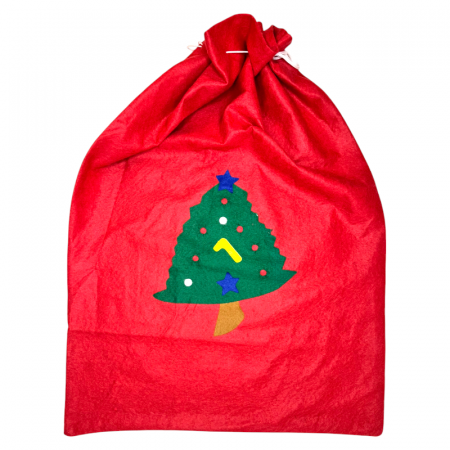 DECORATIUNI DE CRACIUN - Sac Rosu de Craciun, din fetru, 50 x 72 cm, cu snur, model Brad de Crăciun