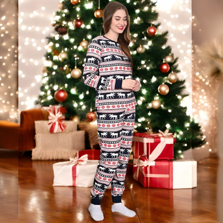 HAINE DE CRACIUN - Pijamale de Craciun, Dama, Negru cu Rosu si Alb, cu Motive de Sarbatoare