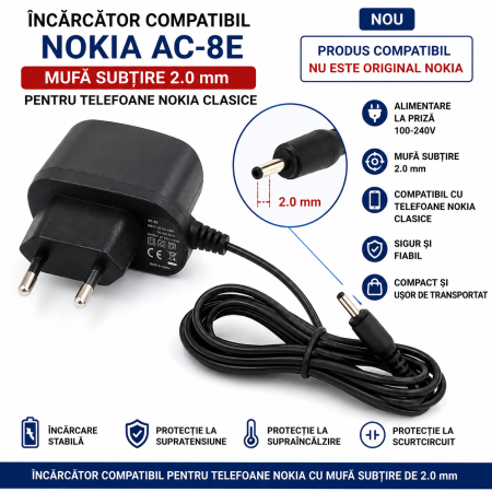 Nokia - Incarcator Nokia AC-8E cu mufa subtire compatibil
