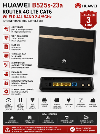 Routere - Router Huawei B525s-23a 4G LTE Cat6 300Mbps, Wi-Fi Dual Band 2.4/5GHz, SIM – Utilizat – Garanți