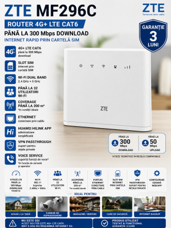 Routere - Router ZTE MF296C 4G+ LTE Cat6 300Mbps, Wi-Fi Dual Band, SIM – Utilizat – Garanție