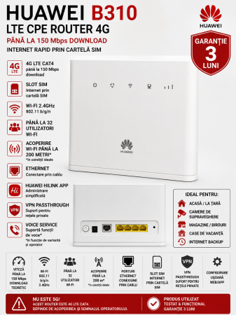 Routere - Router Huawei B310 4G LTE Cat4 150Mbps cu SIM, Wi-Fi – Utilizat – Garanție
