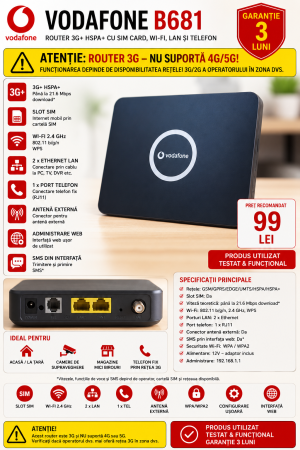 Routere - Router Vodafone B681 3G+ HSPA+ cu SIM, Wi-Fi, LAN și Telefon – Utilizat – Garanție