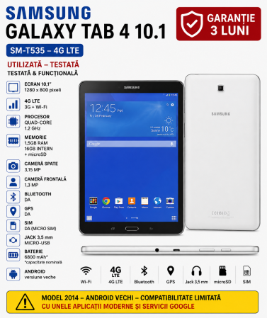 Tableta Samsung - Tableta Samsung Galaxy Tab 4 T535, 10.1", Quad-Core, 4G, Wi-Fi, Memorie 16GB, Eleganta si Performanta
