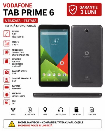 Tableta Vodafone - Tabletă Vodafone Tab Prime 6 4G – Utilizată – Testată – Garanție 3 Luni