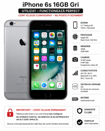 Telefoane iPhone - Telefon Apple iPhone 6s 16GB Gri (Utilizat – Cont iCloud Permanent)