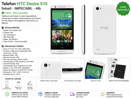 Telefoane Htc - Telefon HTC Desire 510 folosit impecabil alb