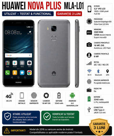 Telefoane mobile - Telefon Huawei Nova Plus MLA-L01 32GB 3GB RAM 4G – Utilizat – Garanție 3 Luni