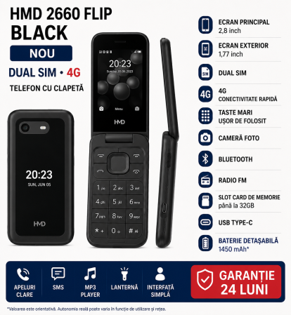 Telefoane Nokia - Telefon Mobil Dual SIM Nokia 2660 Flip, 4G, Black