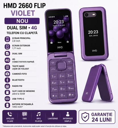Telefoane Nokia - Telefon Mobil HMD 2660 Flip Dual SIM 4G Violet – Nou – Garanție 24 Luni