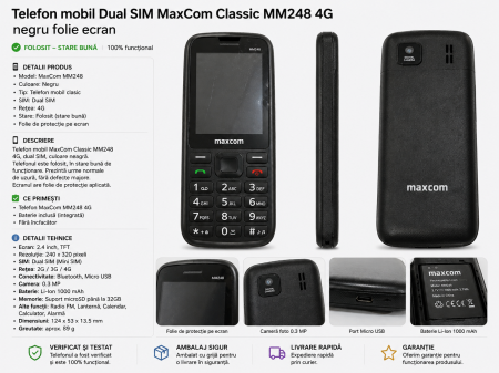 Telefoane Maxcom - Telefon mobil Dual SIM MaxCom Classic MM248 4G negru folie ecran