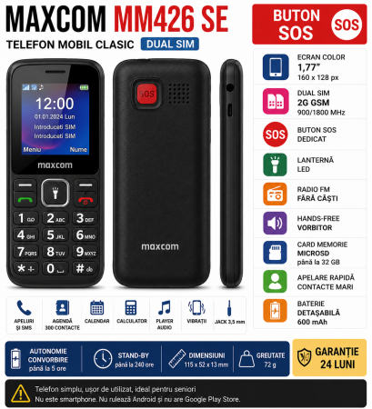 Telefoane Maxcom - Telefon Mobil Maxcom Comfort MM426 SE Dual SIM Negru – Buton SOS, Taste Mari