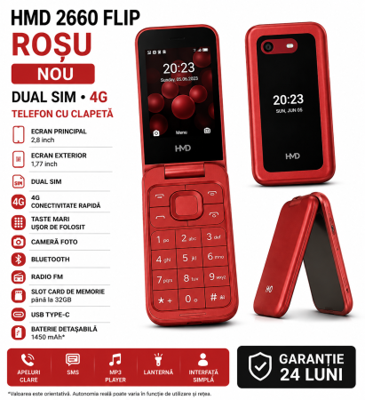Telefoane Nokia - Telefon Mobil HMD 2660 Flip Dual SIM 4G Roșu – Nou – Garanție 24 Luni