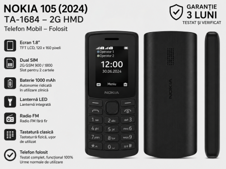 Telefoane Nokia - Telefon Mobil Nokia 105 2024 TA-1684 folosit model 2G HMD