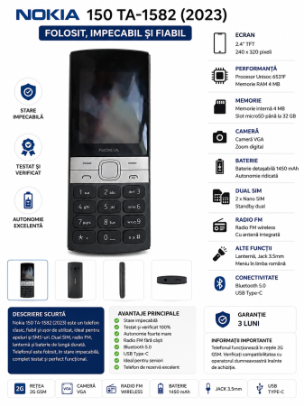 Telefoane Nokia - Telefon Nokia 150 TA-1582 (2023) – Folosit, impecabil și fiabil