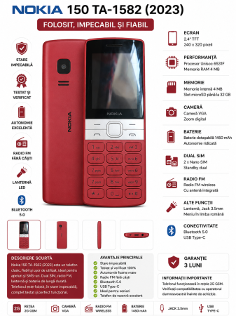 Telefoane Nokia - Telefon Mobil Nokia 150 TA-1582 (2023) Roșu – Folosit, impecabil și fiabil