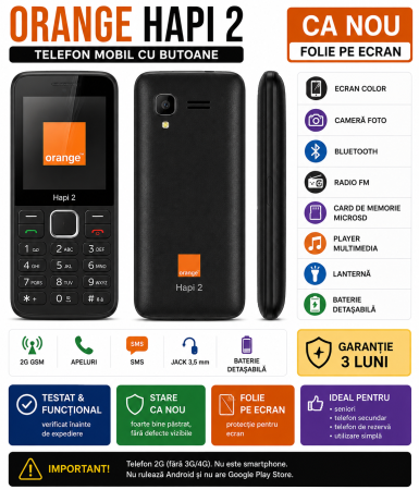 Telefoane Orange - Telefon mobil Orange Hapi 2 negru ca nou cu folie pe ecran