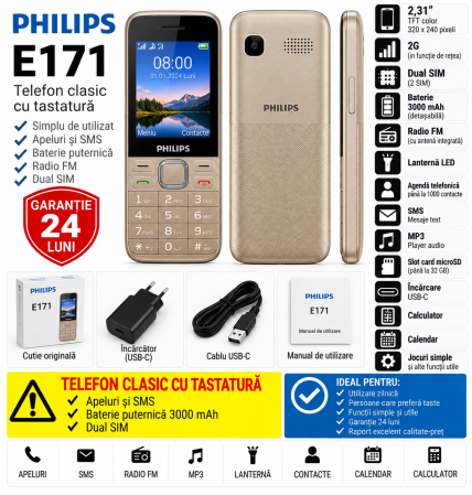 Telefoane Philips - Telefon Mobil Philips E171 auriu  – NOU | Garanție 24 Luni