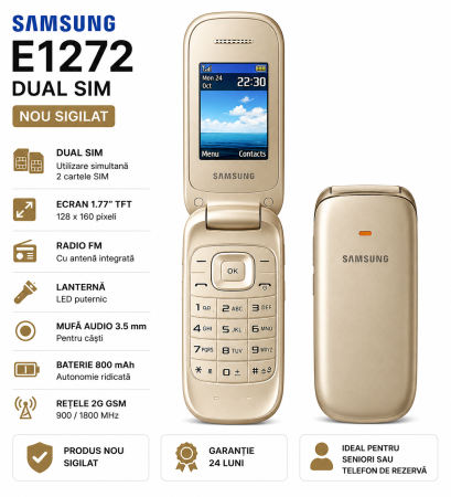 Telefoane Samsung - Telefon Mobil Samsung E1272 Dual Sim auriu   Nou Sigilat