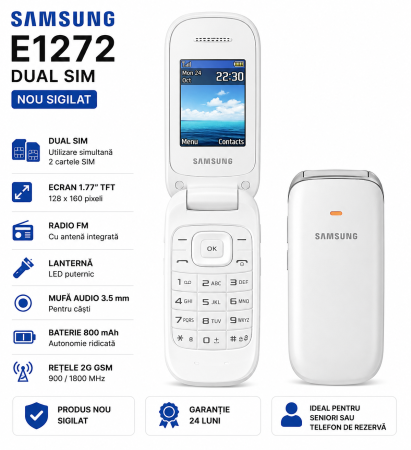 Telefoane Samsung - Telefon Mobil Samsung E1272 Dual Sim alb   Nou Sigilat