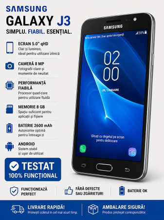 Telefoane Realme - Telefon Samsung Galaxy J3 J320 (2016) – Folosit Grad B, Urme pe Ramă