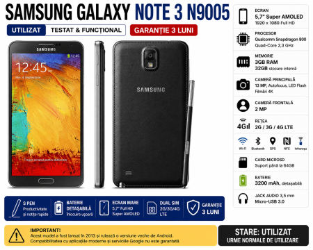 Telefoane mobile - Telefon Samsung Galaxy Note 3 N9005 4G – Utilizat – 3GB RAM