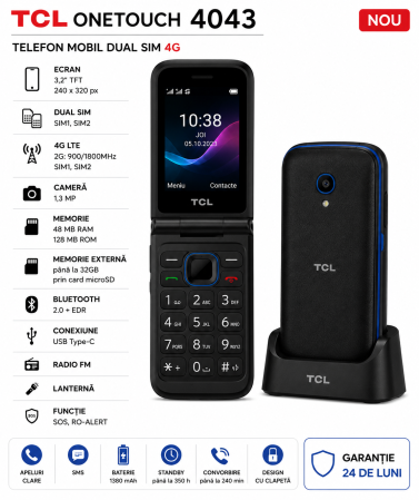 Telefoane Alcatel - Telefon mobil TCL ONETOUCH 4043 Dual SIM 4G Black – Nou
