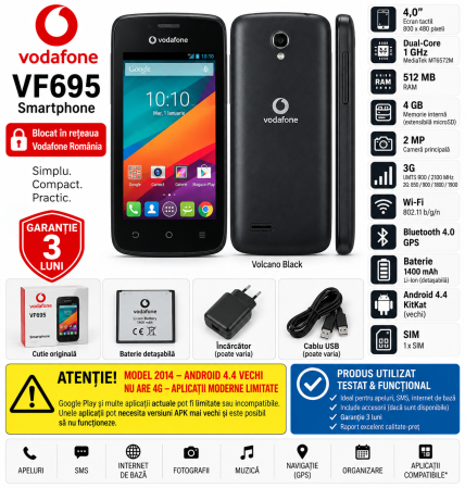 Telefoane Alcatel - Telefon Vodafone VF695 4" 3G 4GB Volcano Black – Blocat Vodafone – Utilizat