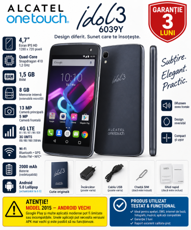 Telefoane Alcatel - Telefon Alcatel OneTouch Idol 3 6039Y 4.7" 4G LTE 8GB Dark Gray – Utilizat – Garanție