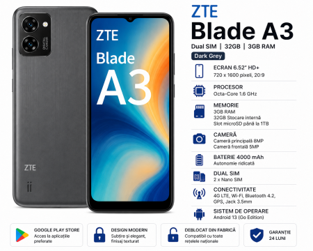 Telefoane Zte - Telefon Mobil ZTE Blade A3 Dual SIM 32GB 3GB RAM Dark Grey
